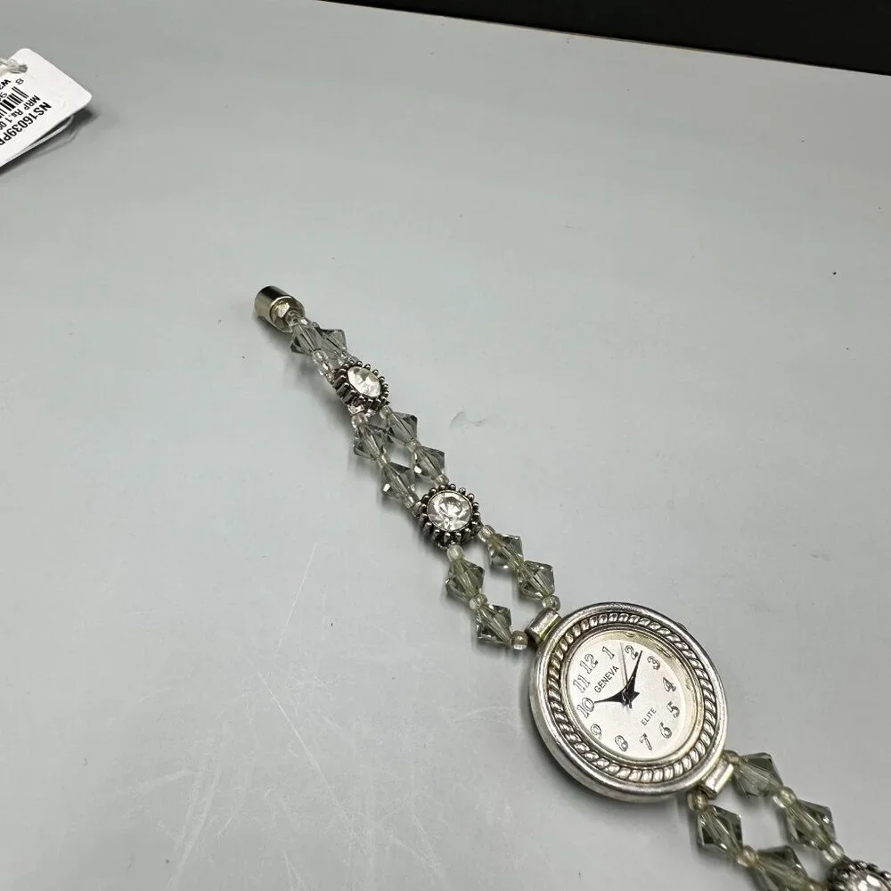 3/$30 Geneva Watch Women Silver Tone Clear Glass Bead Band Magnetic New Battery
